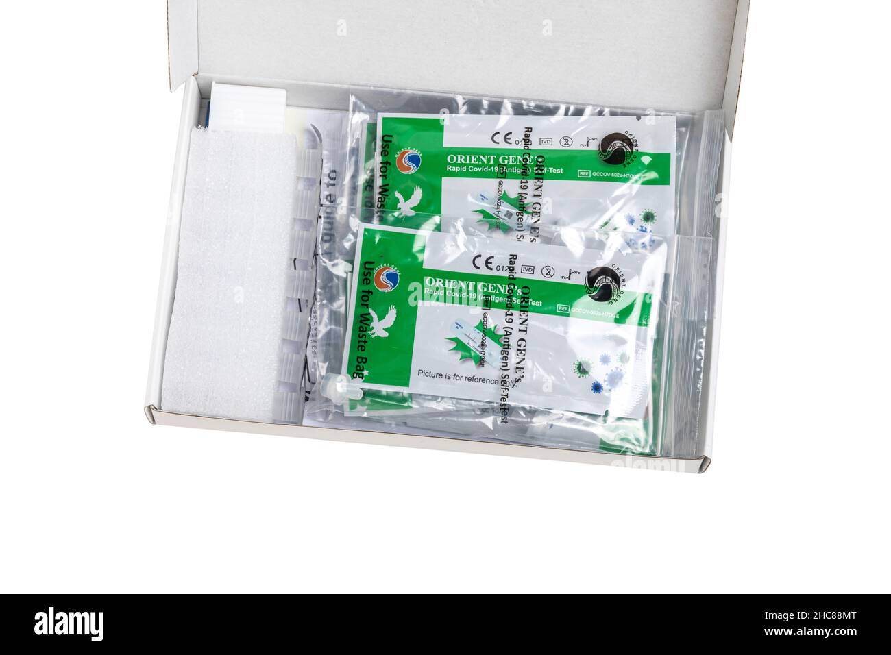 An open Covid 19 Lateral Flow self testing kit Stock Photo