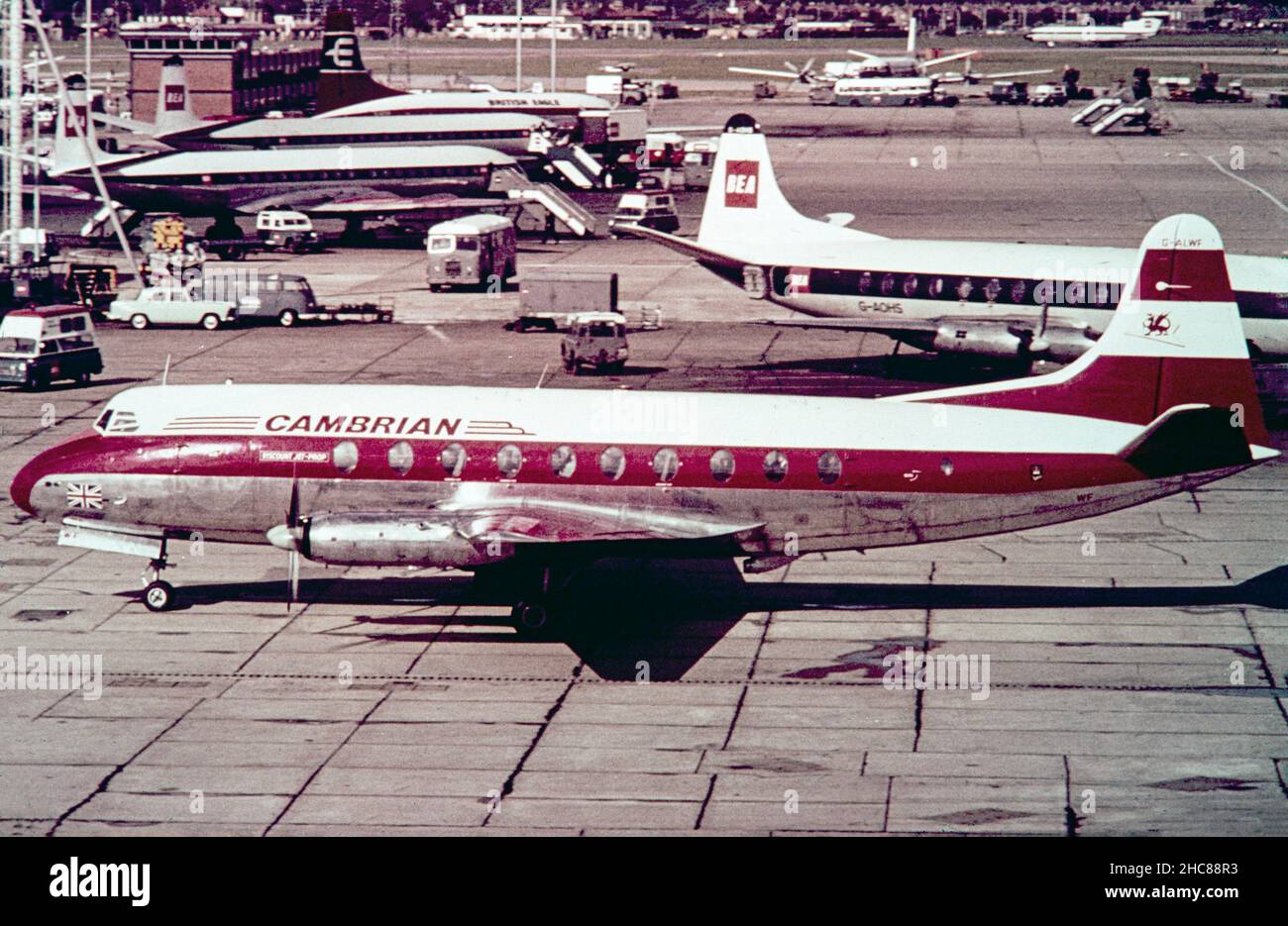 A Cambrian Airways Vickers Viscount Airliner, registration G-ALWF, at London Heathrow Airport in the 1960s. Stock Photo