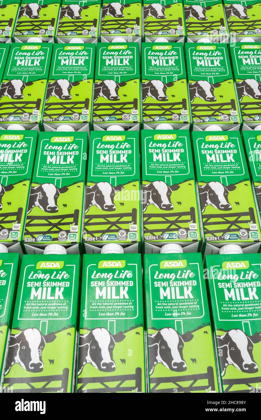 Paper carton top lids of ASDA ownlabel longlife UHT semiskimmed milk