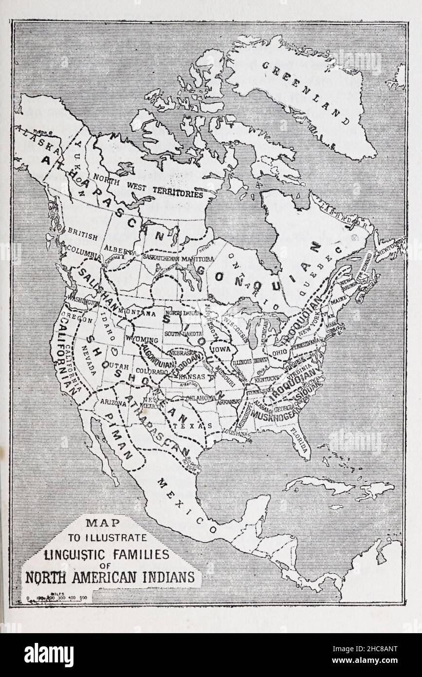 Map showing the Linguistic Stocks of the North American Indians From the Book ' The myths of the North American Indians ' by Lewis Spence, Published in London by George G. Harrap & Company in 1912 Stock Photo