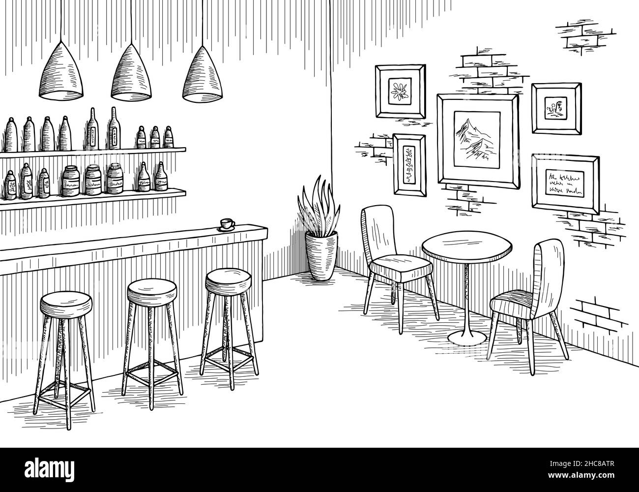 Cafe bar graphic black white interior sketch illustration vector Stock ...