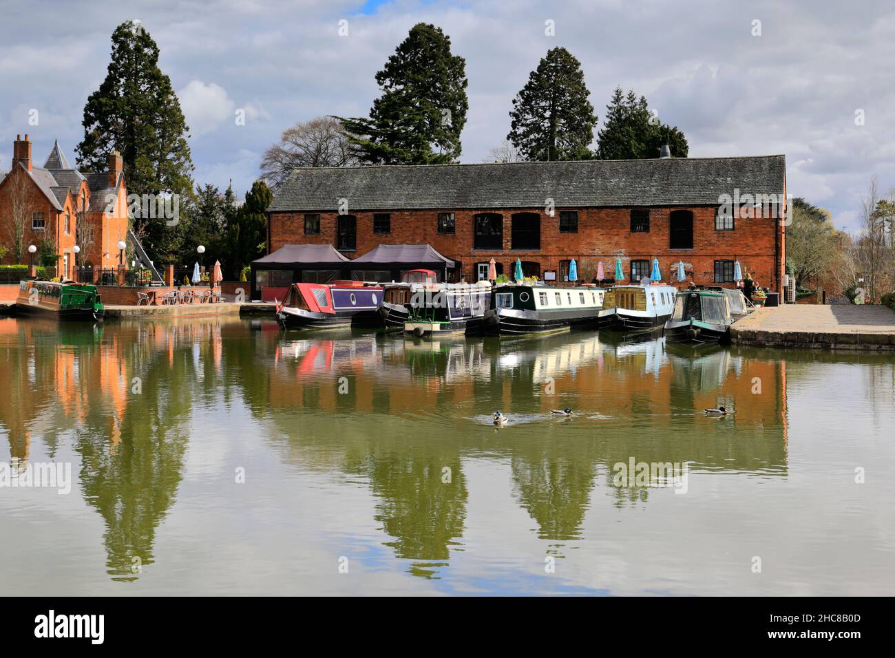 Narrowboats at the Grand Union Canal Basin, Market Harborough town, Leicestershire, England; UK Stock Photo