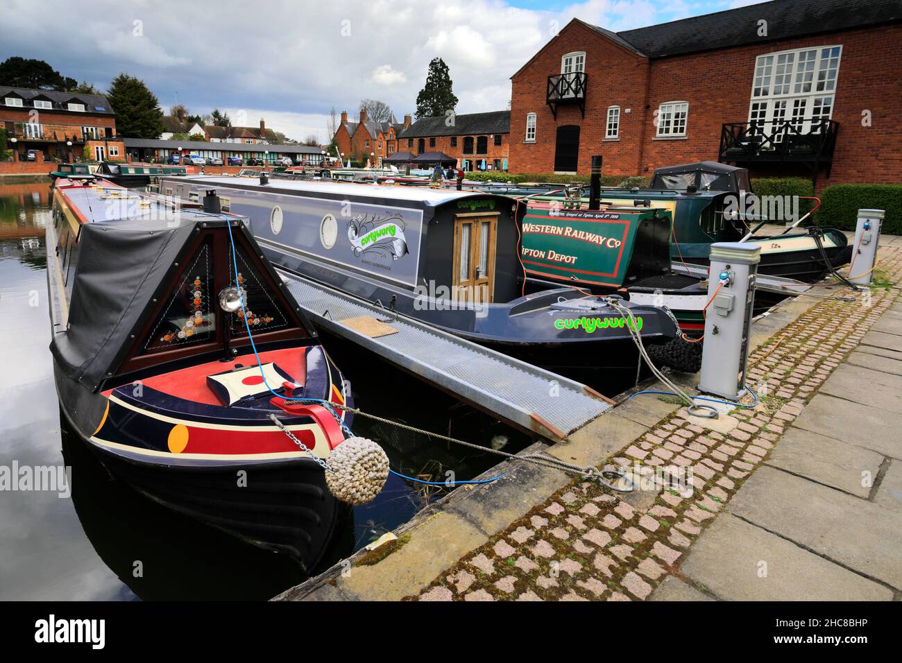 Narrowboats at the Grand Union Canal Basin, Market Harborough town, Leicestershire, England; UK Stock Photo