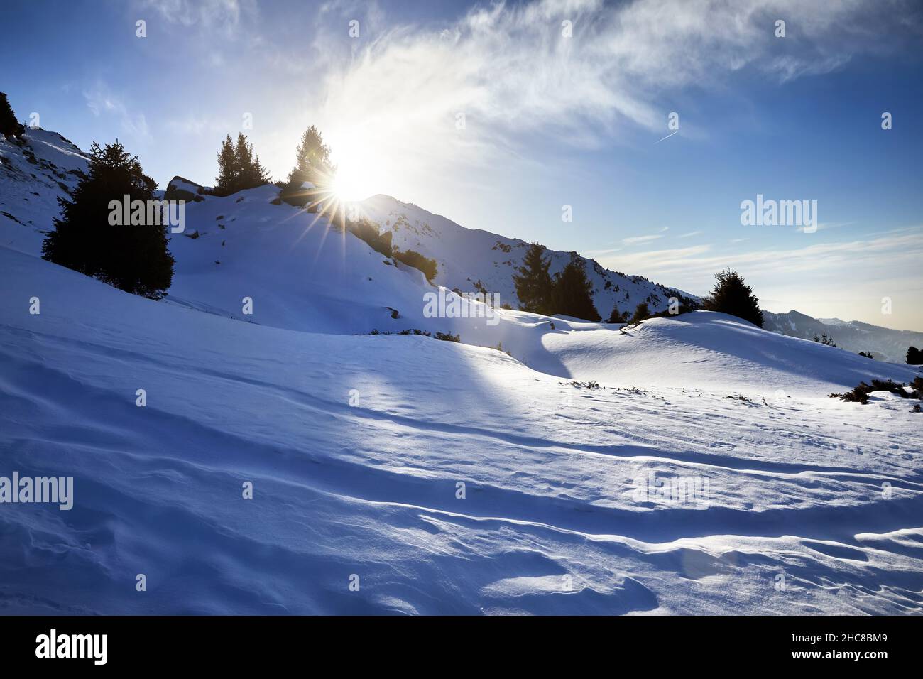 Beautiful winter landscape of snowy mountain Furmanovka with glowing sun in Almaty with spruce tree forest against blue cloudy sky in Kazakhstan Stock Photo