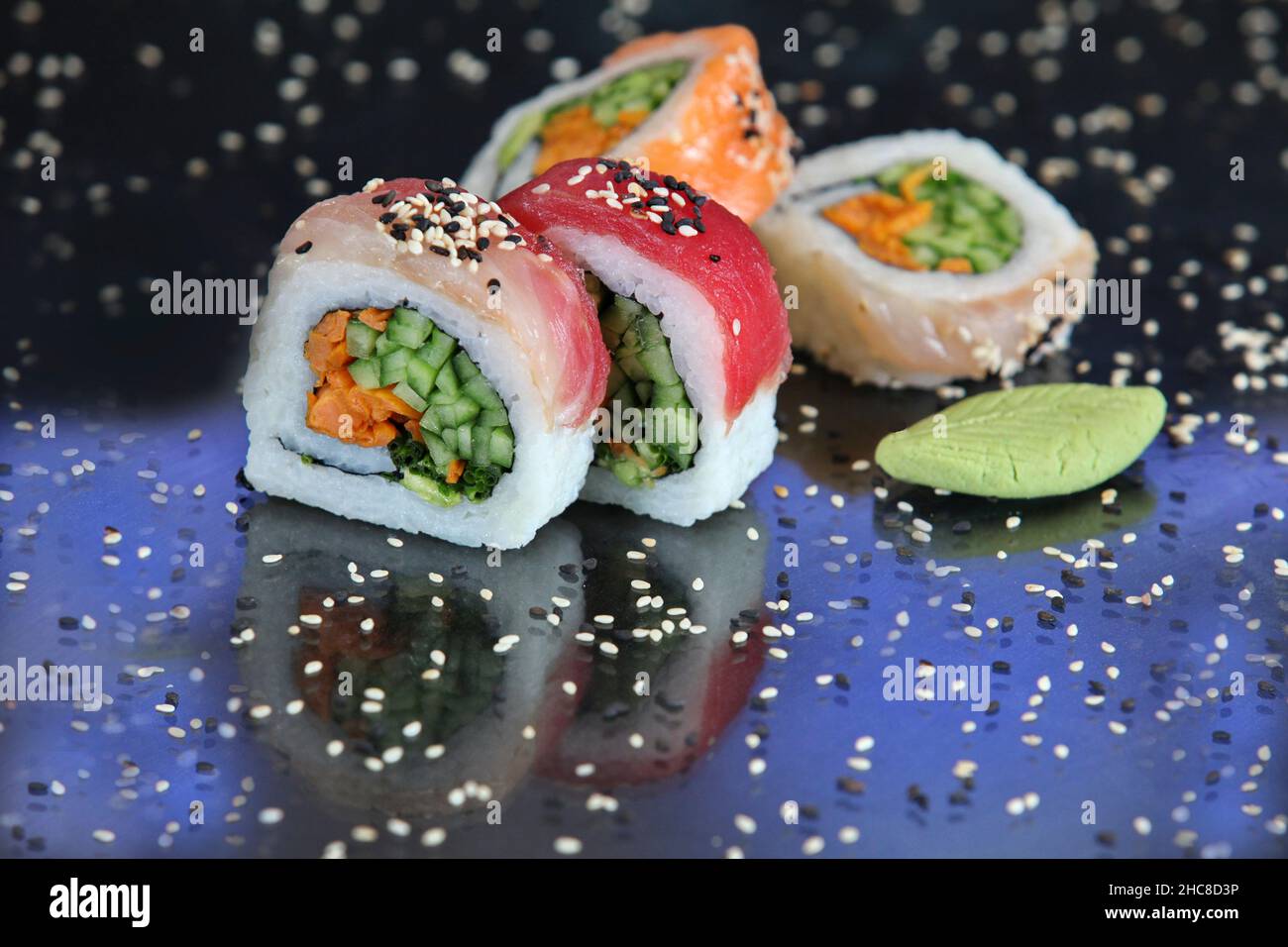 An assortment of insideout Sushi to be served Stock Photo