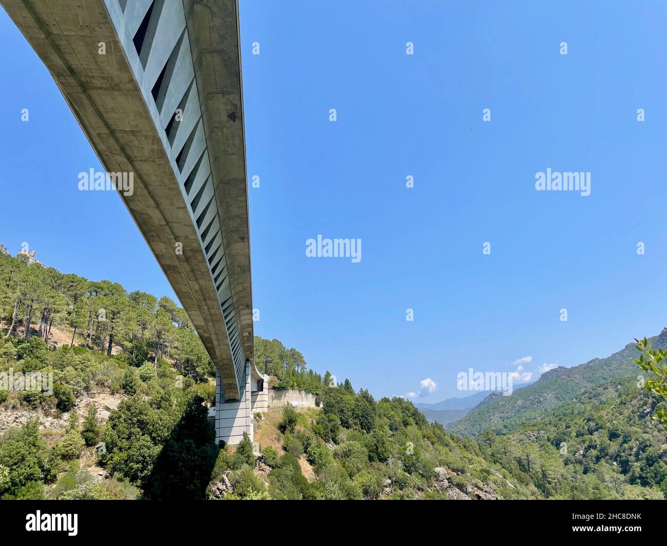 Modern bridge over Vecchio in Vivario, Corsica, France. Low angle view. Stock Photo