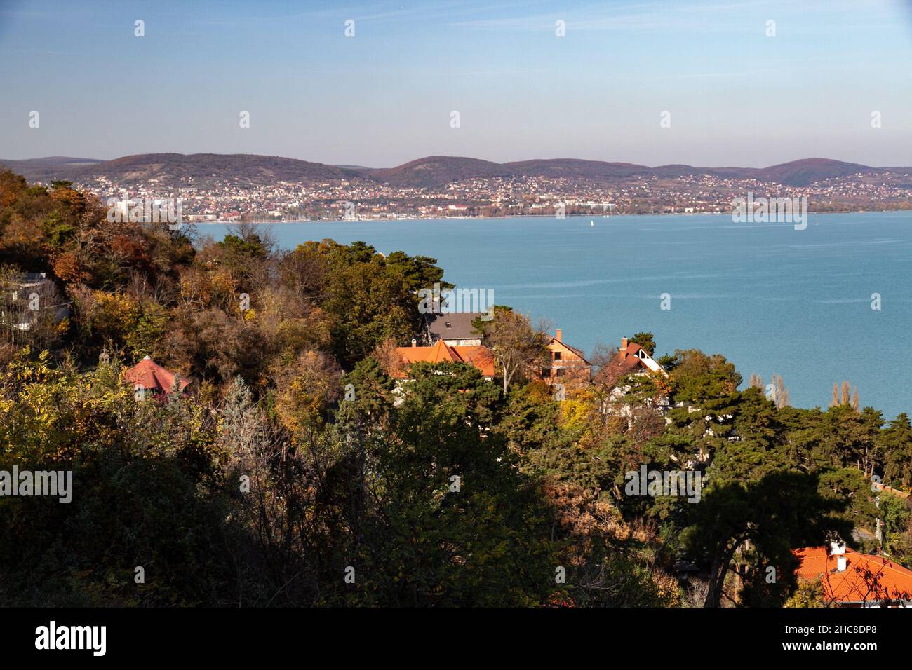 The town of Tihany (and cemetery) Lake Balaton in the background, Hungary Stock Photo