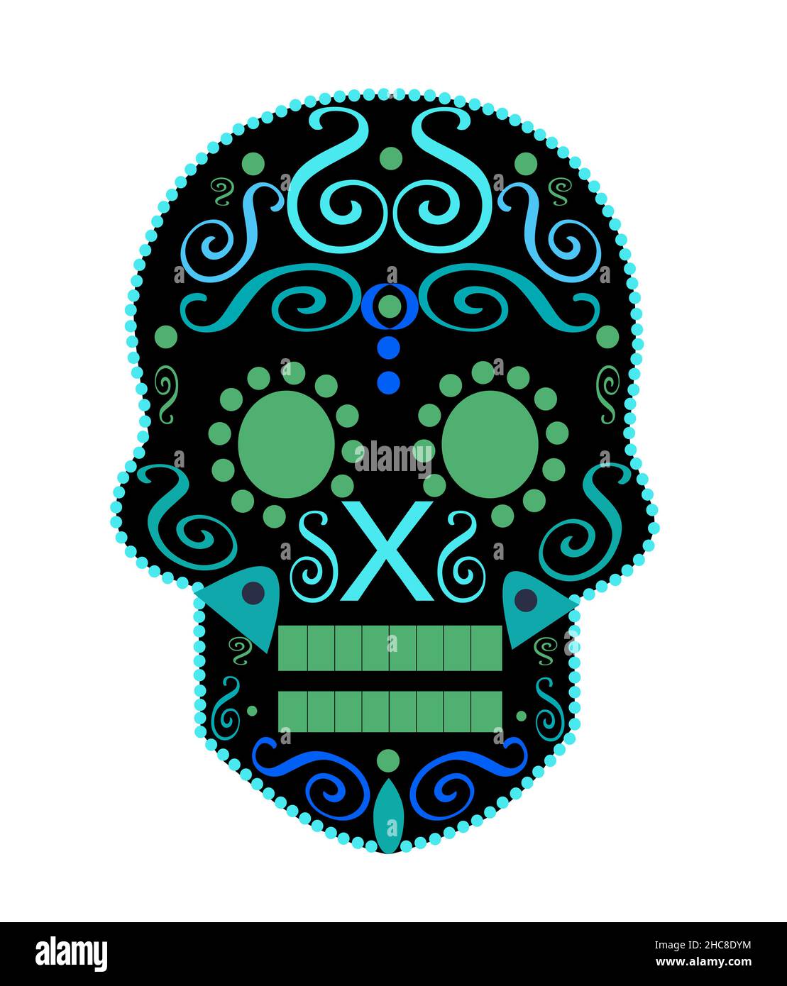 Skull vector for fashion design, prints, ornament details  on the white background: Blue and green color. Stock Photo