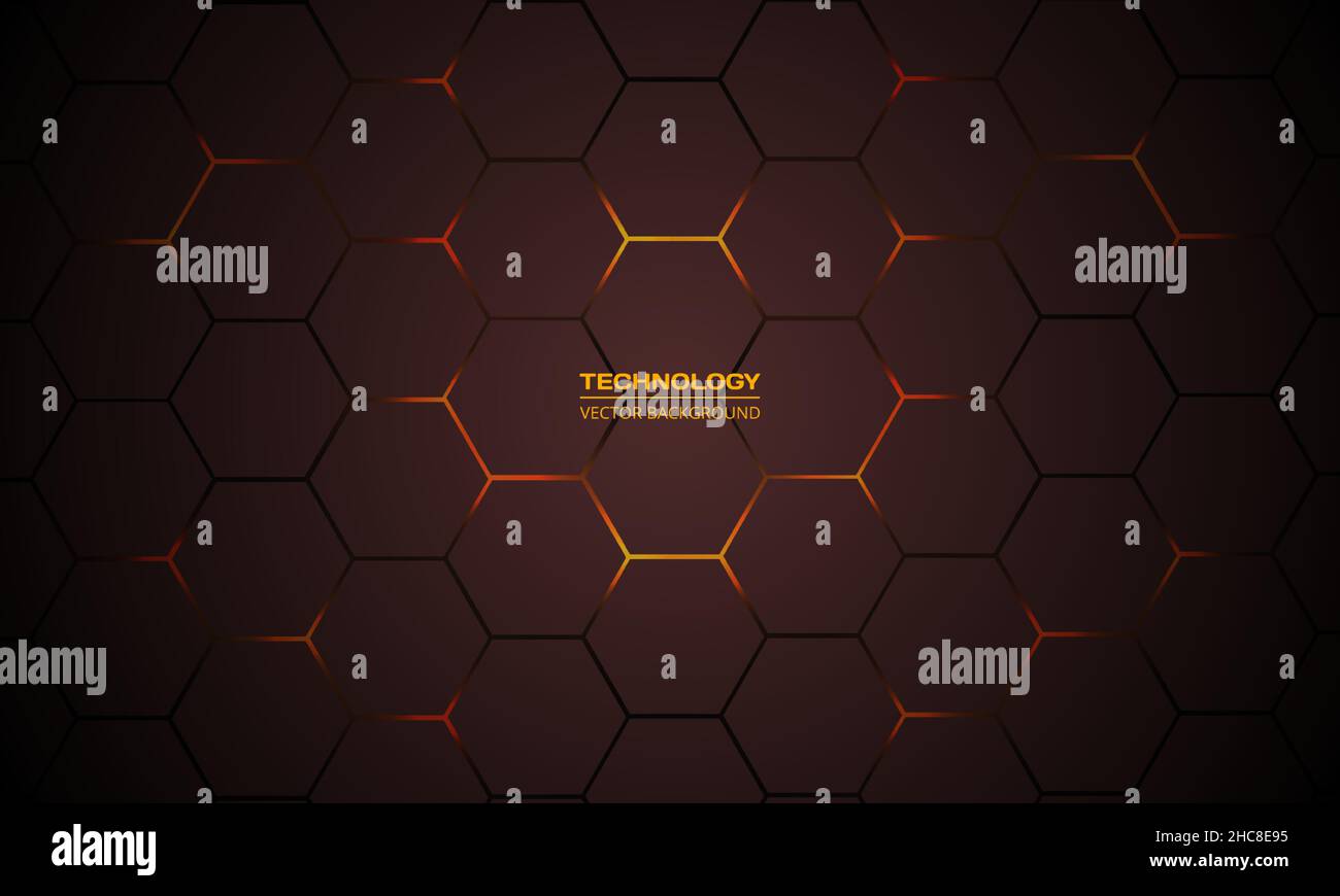 Dark red hexagonal technology vector abstract background. Orange bright ...
