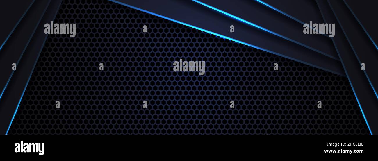 Dark abstract wide horizontal banner with hexagon carbon fiber grid ...