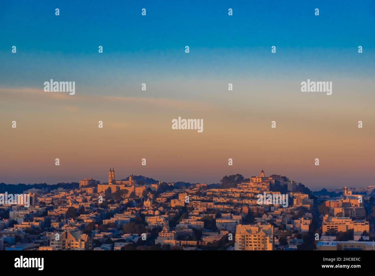 Aerial shot of a San Francisco cityscape on a sunset in  CA USA Stock Photo