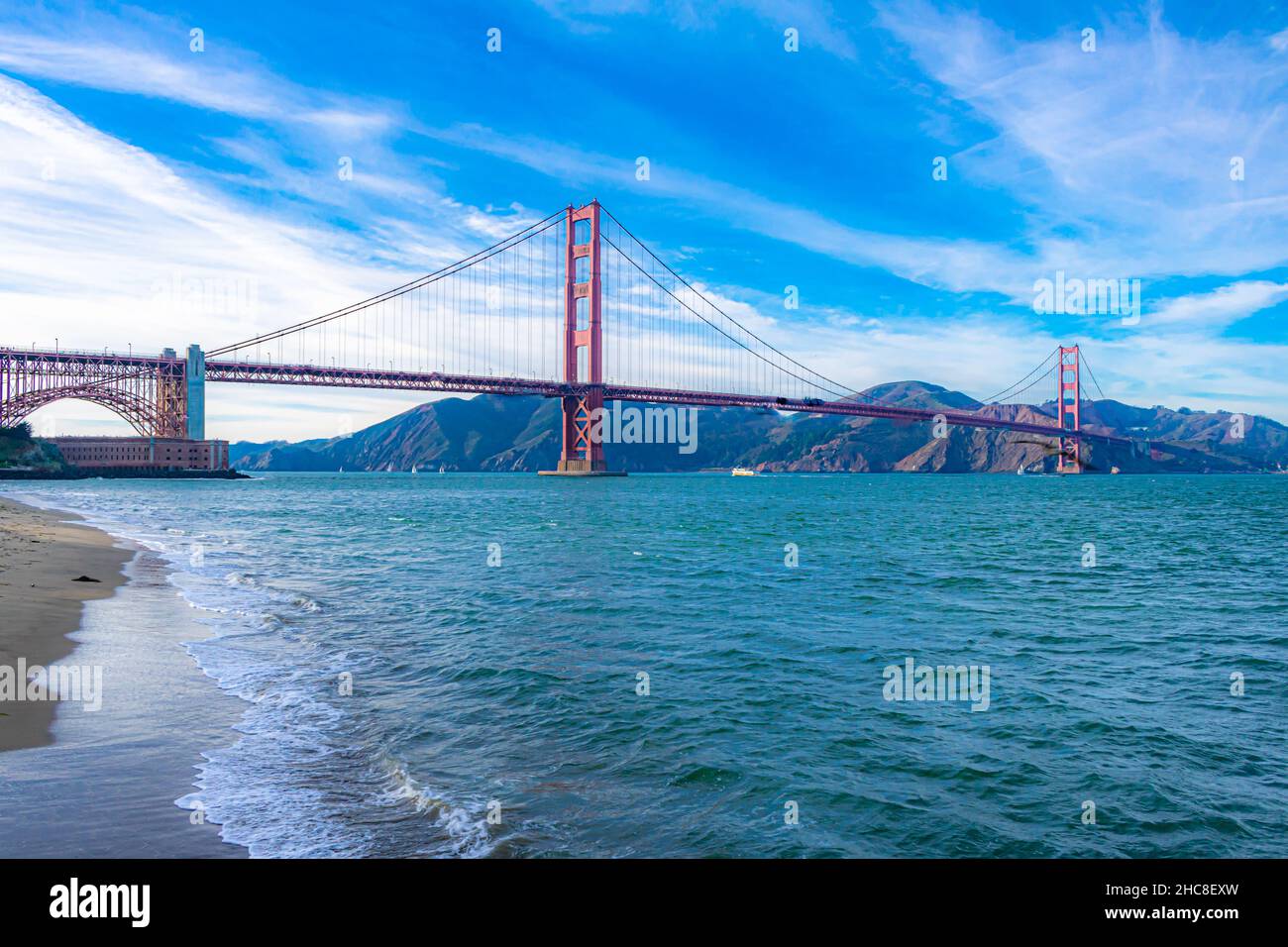 Scenic view of the Golden Gate Bridge from baker beach in San Francisco ...