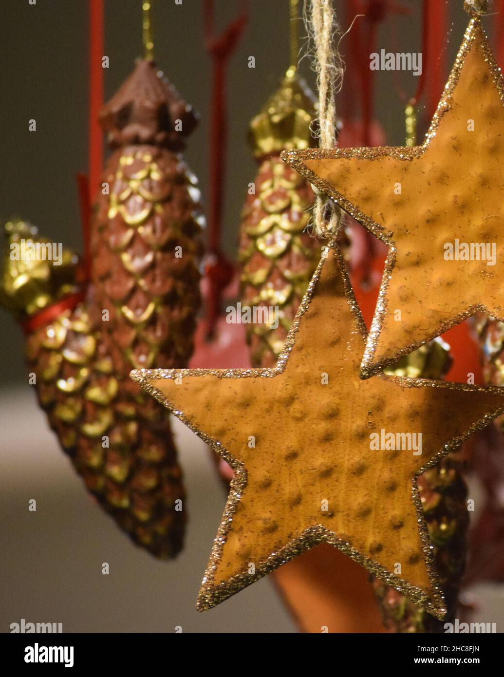 various Christmas tree decorations trimmed on Old Stock Photo