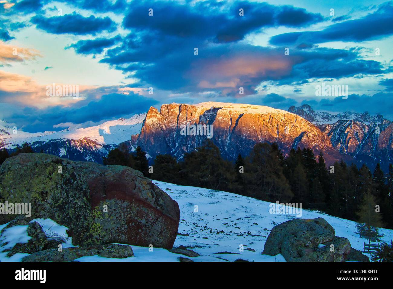 High Rocks Italy High angle of mountain Schlern, Italy under the sunlight surrounded ...