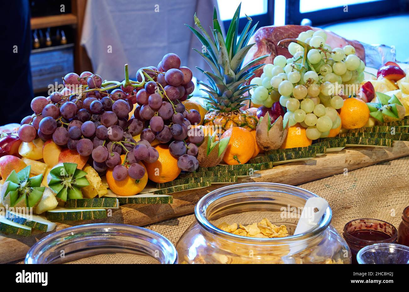 Colored breakfast buffet with seasonal fresh fruits Stock Photo