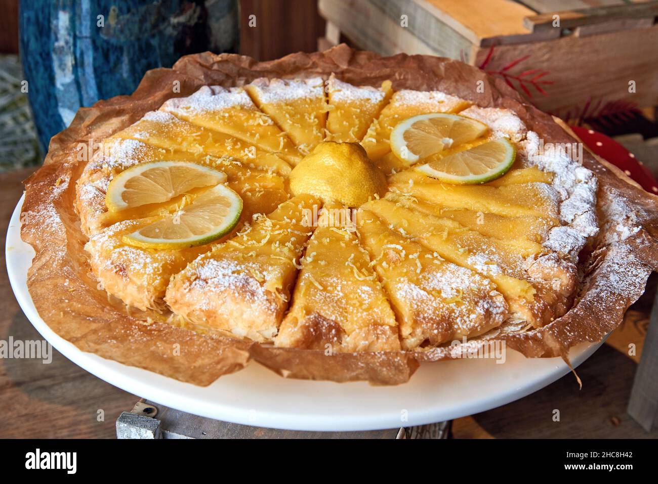 Lemon Curd Pie on white plate Stock Photo