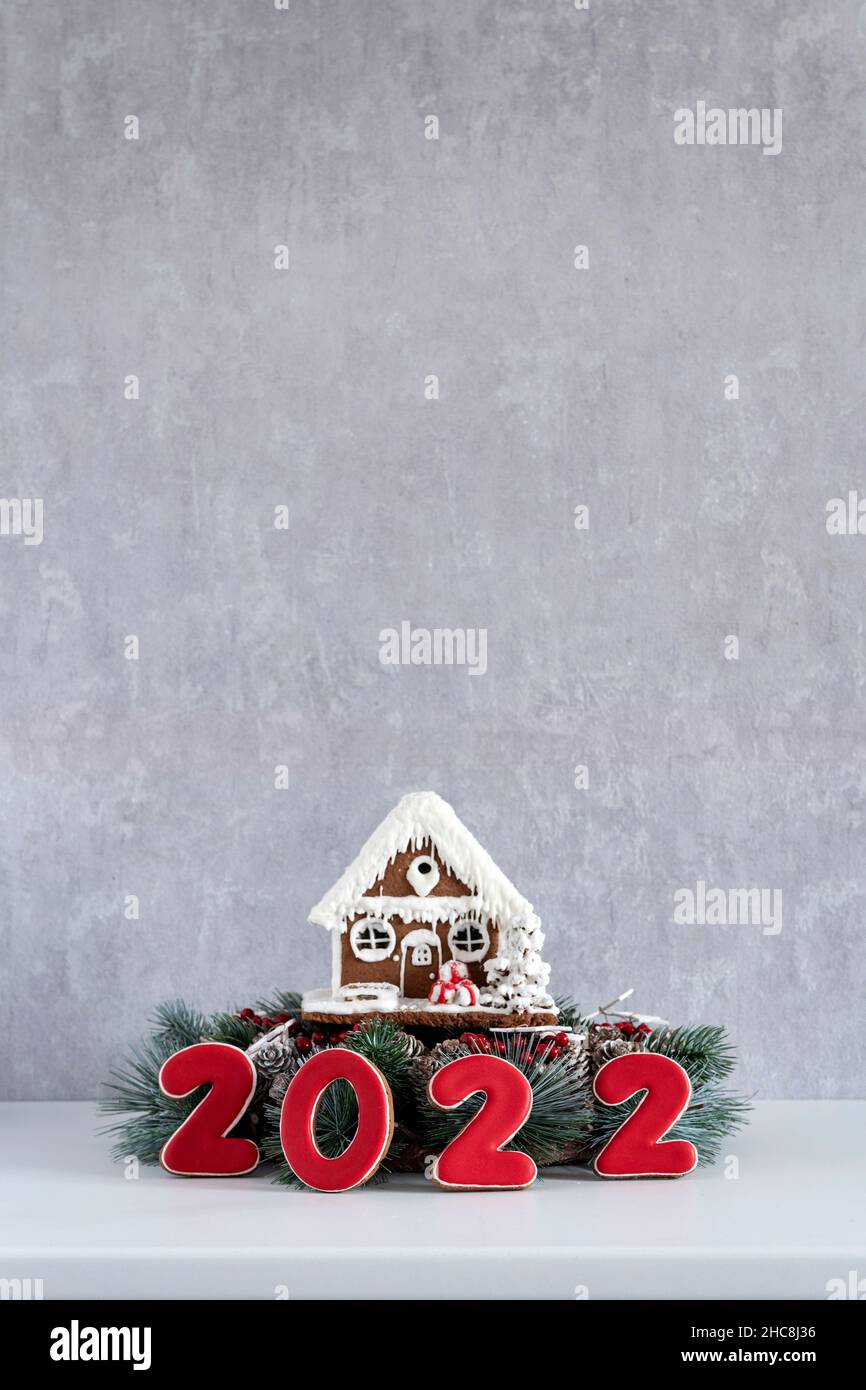 Merry Christmas 2022 Pictures Gray Gingerbread House And Inscription 2022. Merry Christmas Background, Copy  Space. Light Gray Wall On Background Stock Photo - Alamy