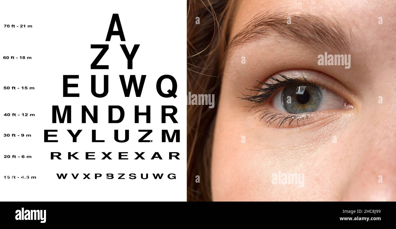 Female Blue green eye with test vision chart close up Stock Photo Alamy