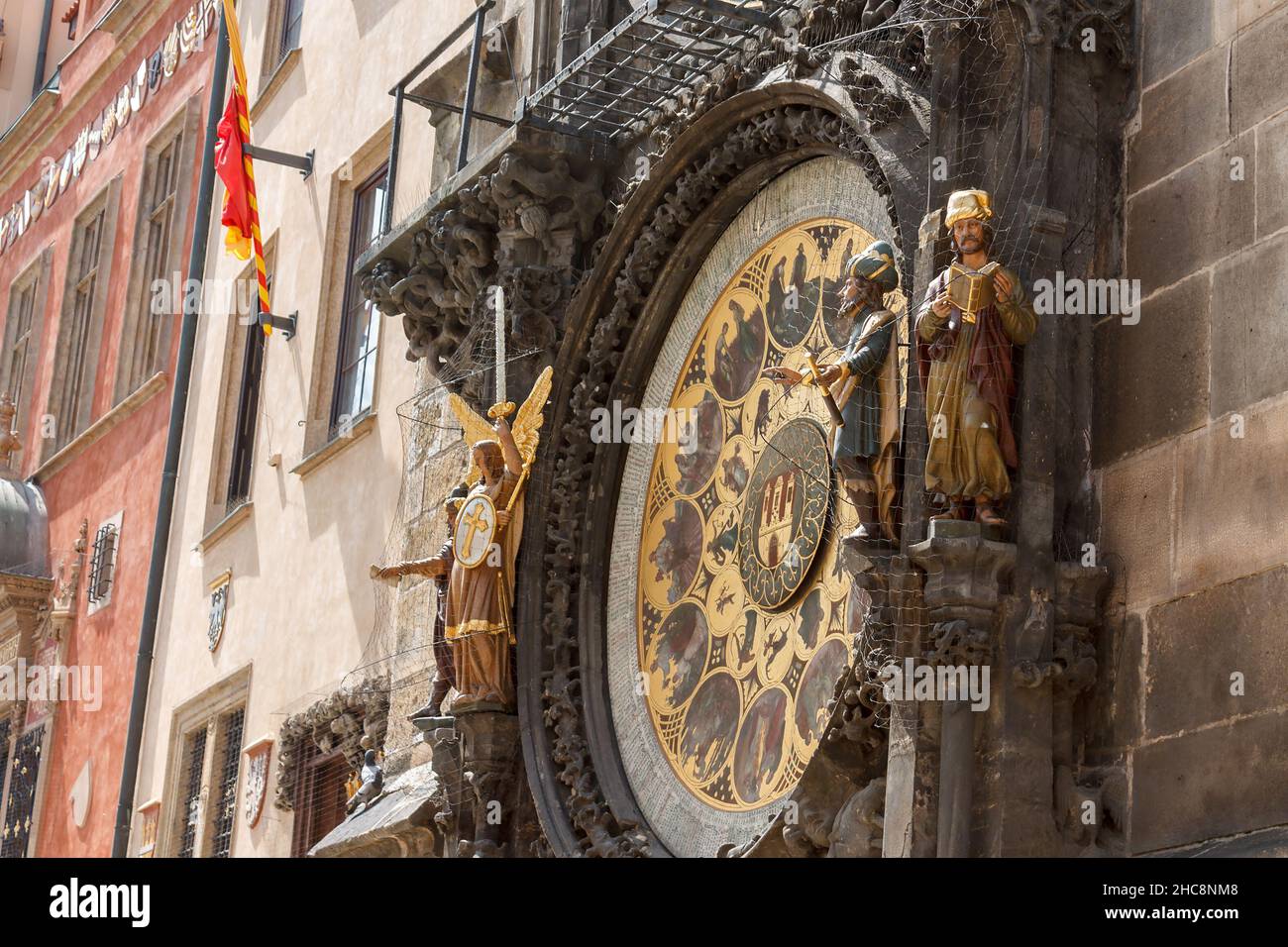 Prague, Czech Republic - June 16, 2013: Prague astronomical clock. Figures of Astronomer and Chronicler. Stock Photo