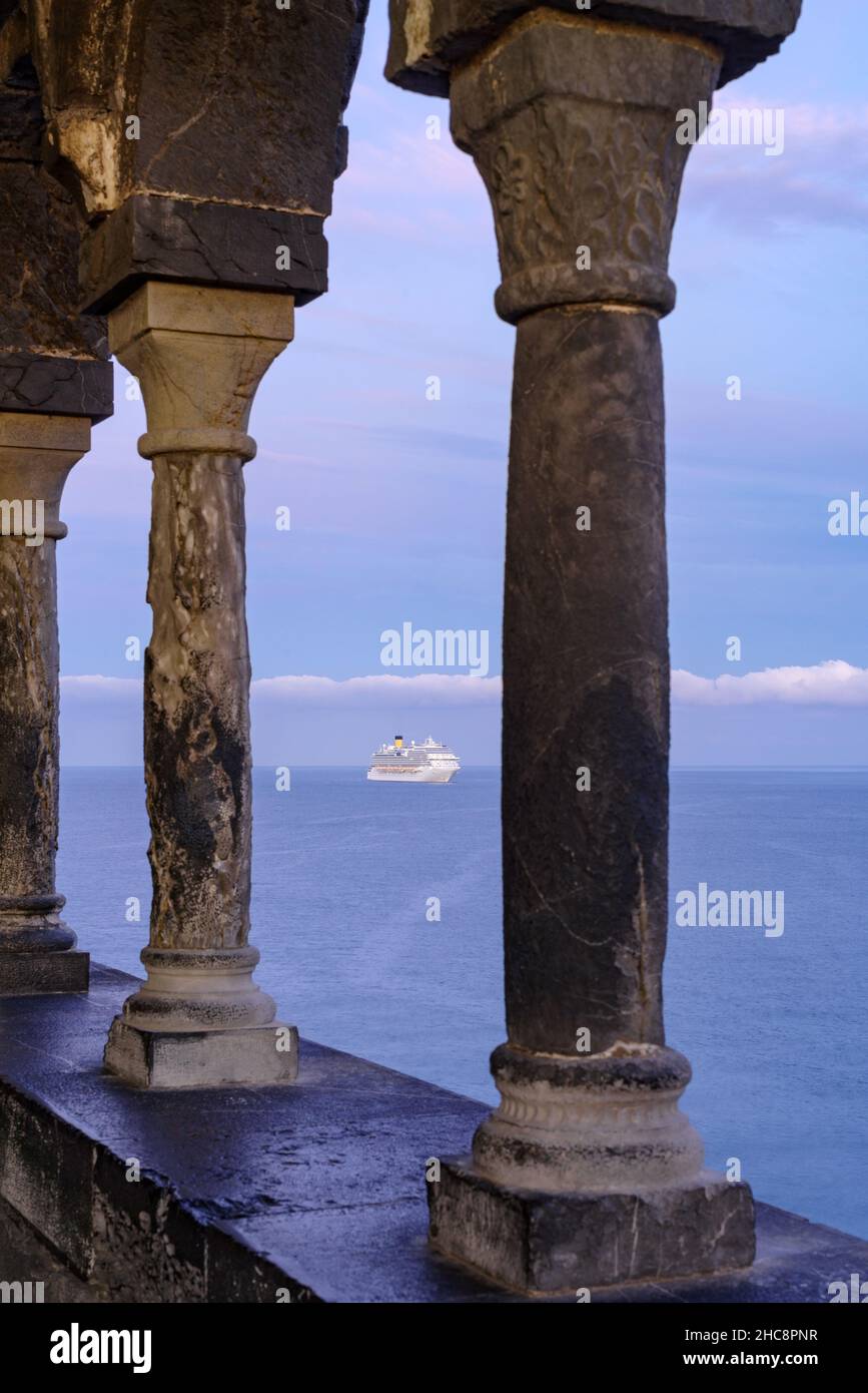 Sea view through the romanesque of St. Peter church in Porto Venere, Gulf of Poets, province of La Spezia, Liguiria, Italy Stock Photo