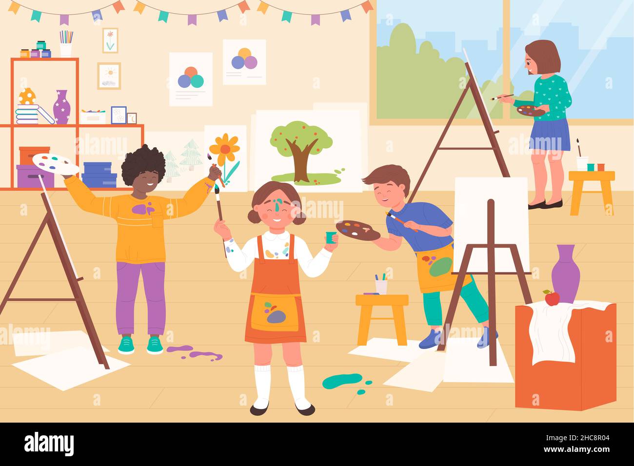 Children painting on art class or workshop with fun vector illustration.  Cartoon girls and boys artists
