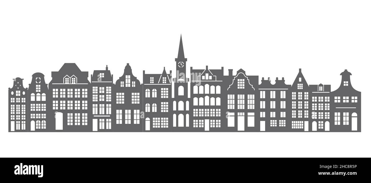 Silhouette of a row Amsterdam houses. Facades of European old buildings for Christmas decoration. Holland homes. Vector Stock Vector