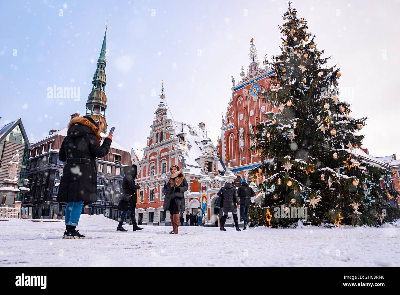 Christmas tree in the middle of the old town of Riga, Latvia.  Stock Photo