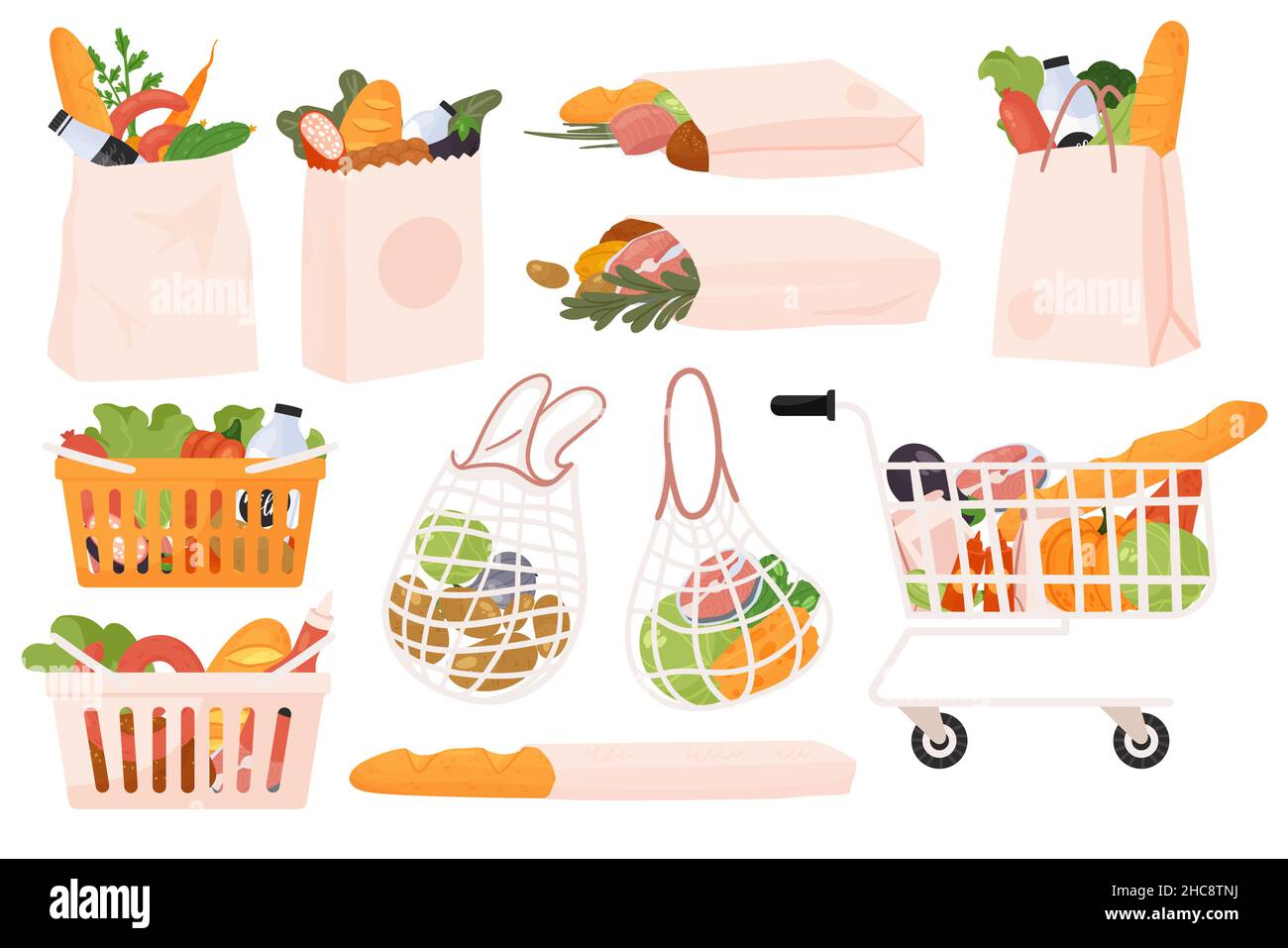 Grocery food products set vector illustration. Cartoon paper bag ...