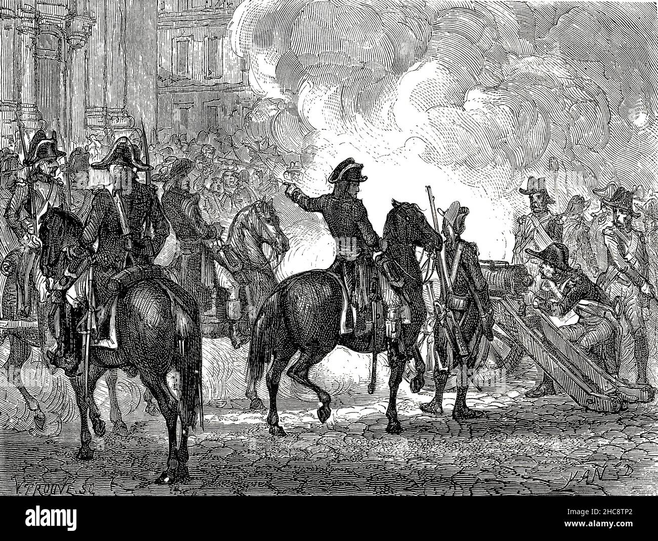 The suppression of the pro Royalist uprising on the streets of Paris on the 5th October 1795 (the 13th of Vendemiare in the Revolutionary calendar). A young general Napoleon Bonaparte ordered the troopsto fire grapeshot onto the crowds on the steps of teh church of Saint Roch on rue St Honoré, Paris. Stock Photo