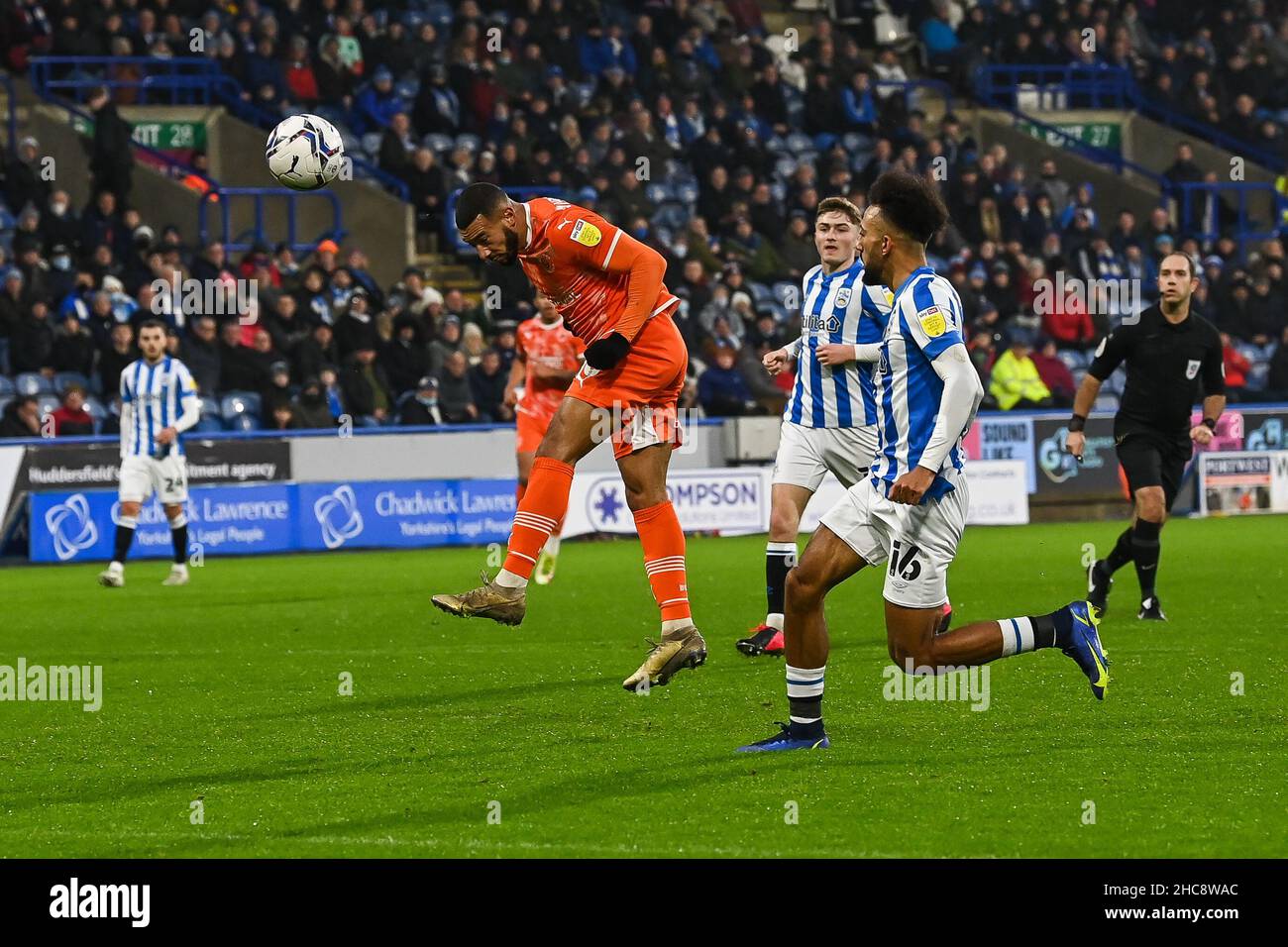 Keshi Anderson #10 of Blackpool heads just wide in ,  on 12/26/2021. (Photo by Craig Thomas/News Images/Sipa USA) Stock Photo