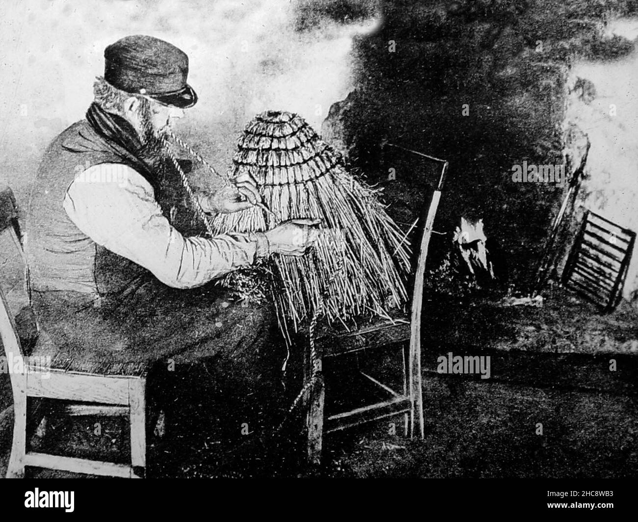 Crofter making a peat kishie in the Shetland Isles, Scotland, Victorian period Stock Photo