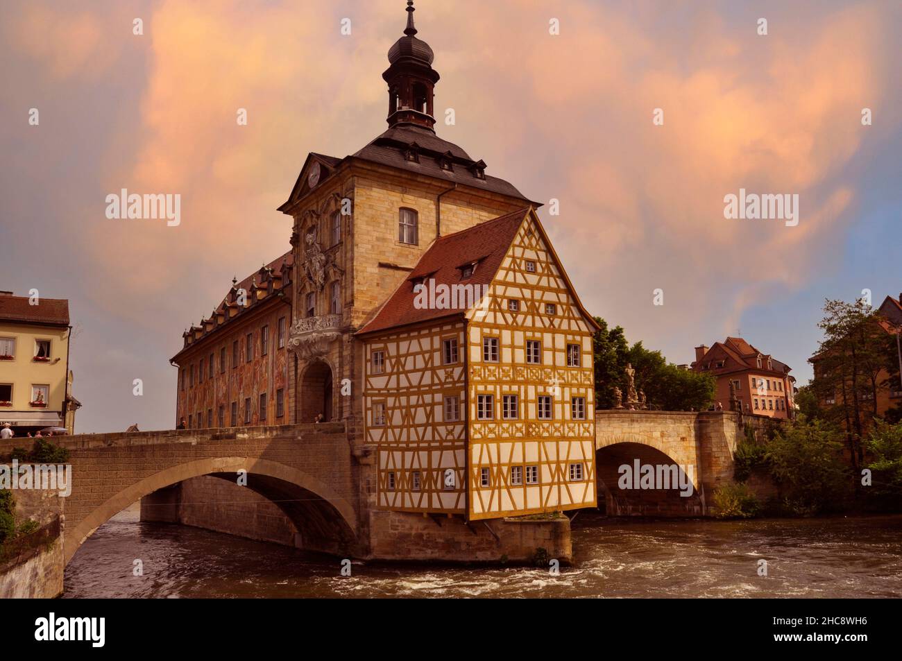 The old Town Hall (Altes Rathaus) on an island with two bridges over the Regnitz, in Bamberg, Germany Stock Photo