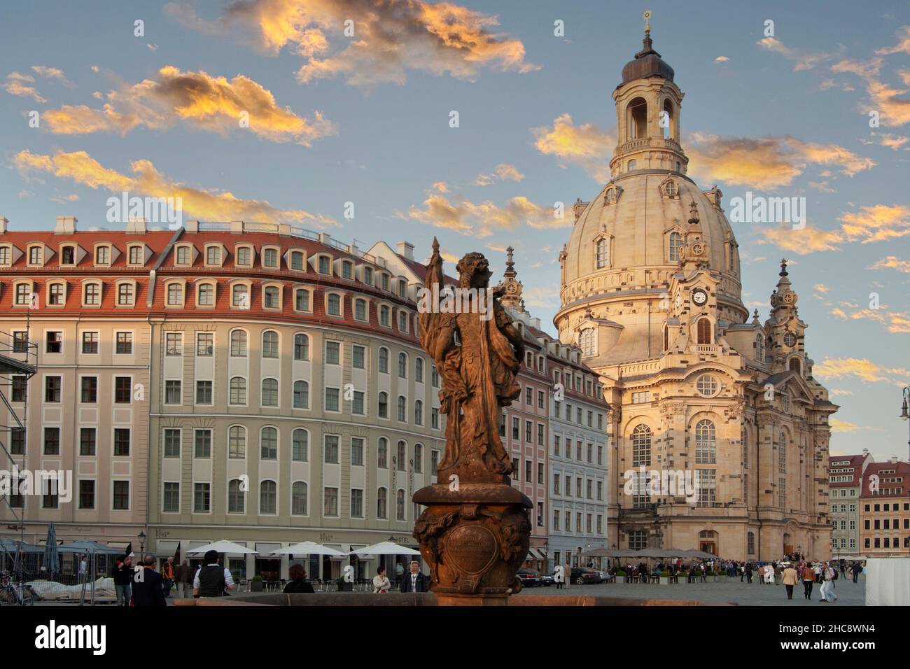 Frauenkirche (Church of Our Lady) with the Fountain of peace in the foreground., in Dresden, May 2010 Stock Photo