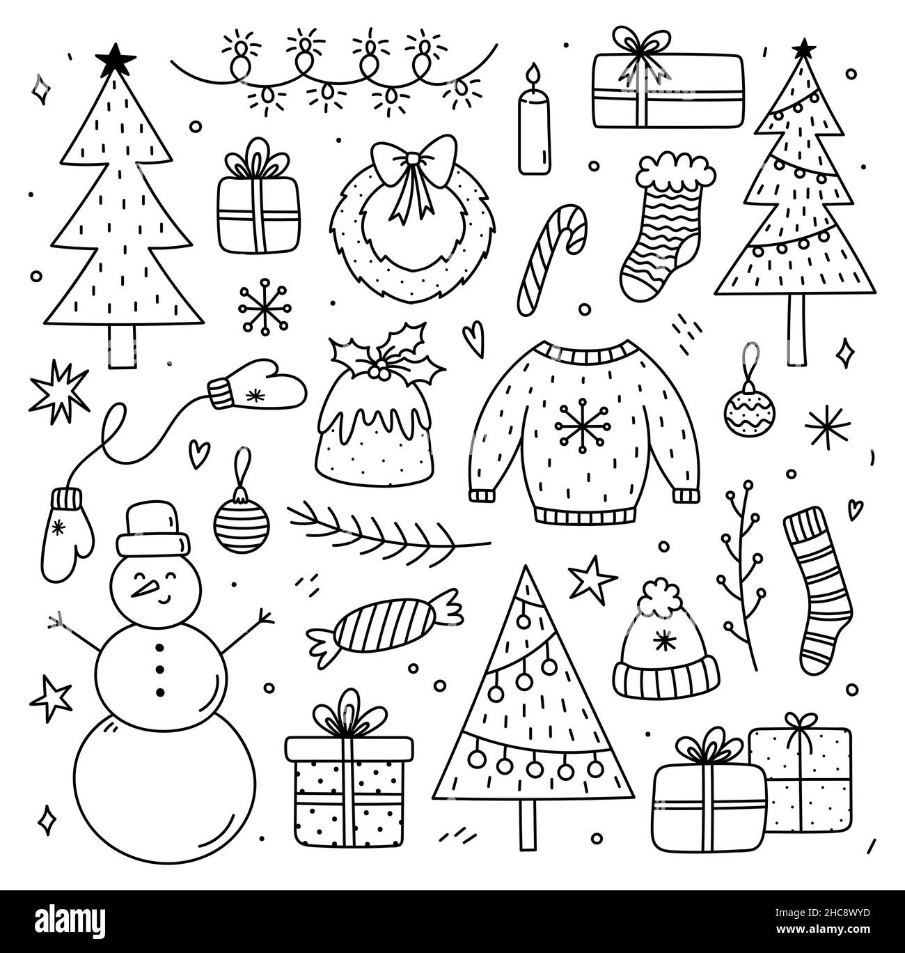 Cute set of winter doodles - Christmas trees, wreath, gifts, snowman