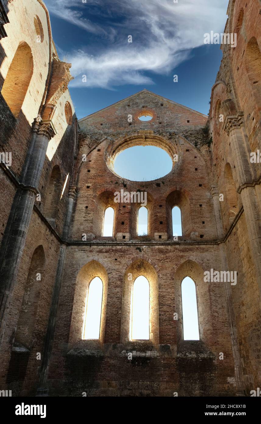 The ancient Abbey of San Galgano; is a mirable example of Cistercian architecture in Tuscany. Chiusdino; Siena; Italy. Stock Photo