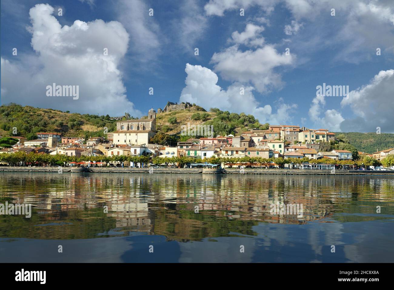 Panoramic view of Trevignano Romano from Bracciano lake, Italy. Stock Photo