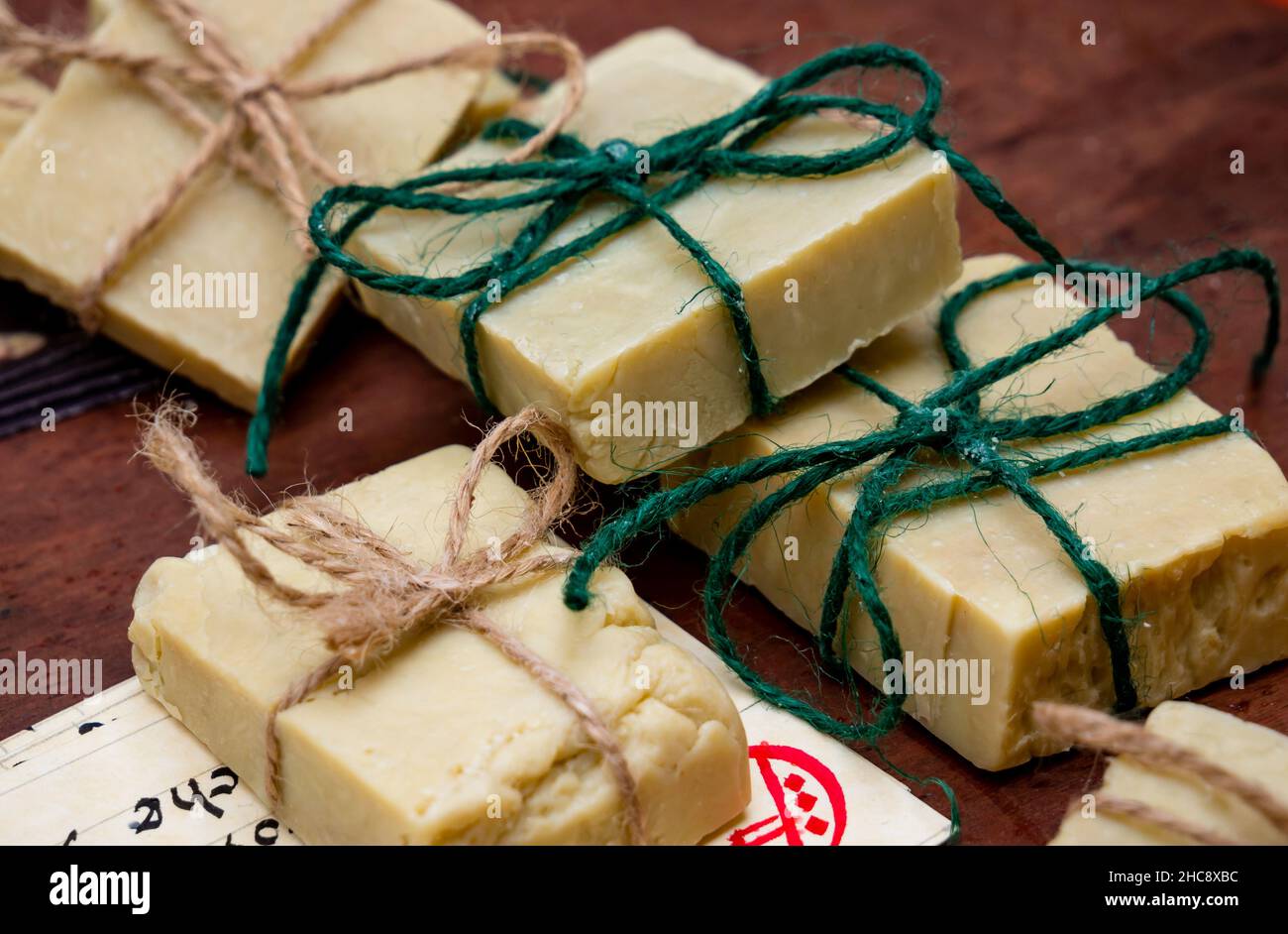 handmade soap artisan recipe, assorted soaps on table Stock Photo