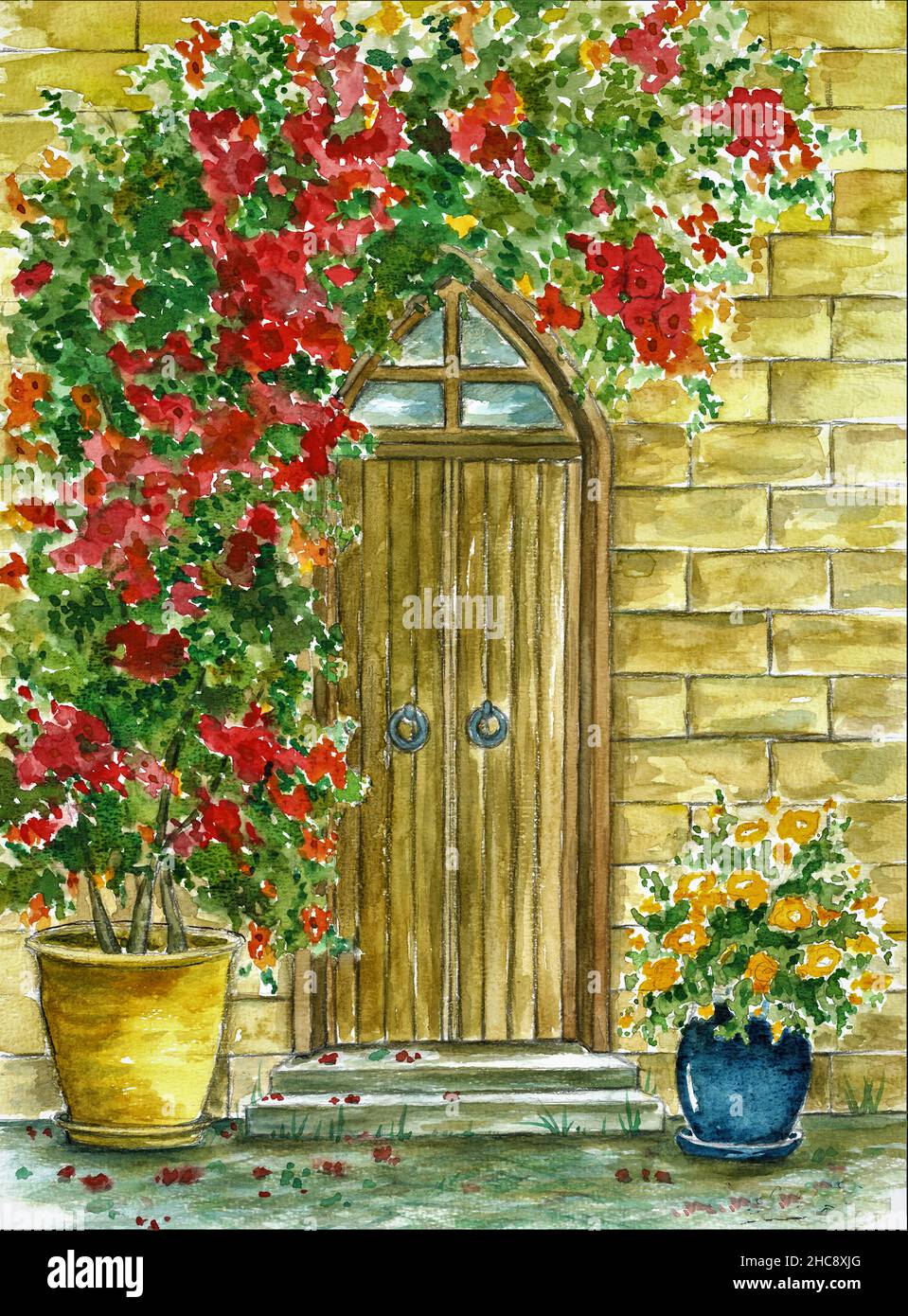 Watercolor painting. Old wooden garden door, brick wall and flowers