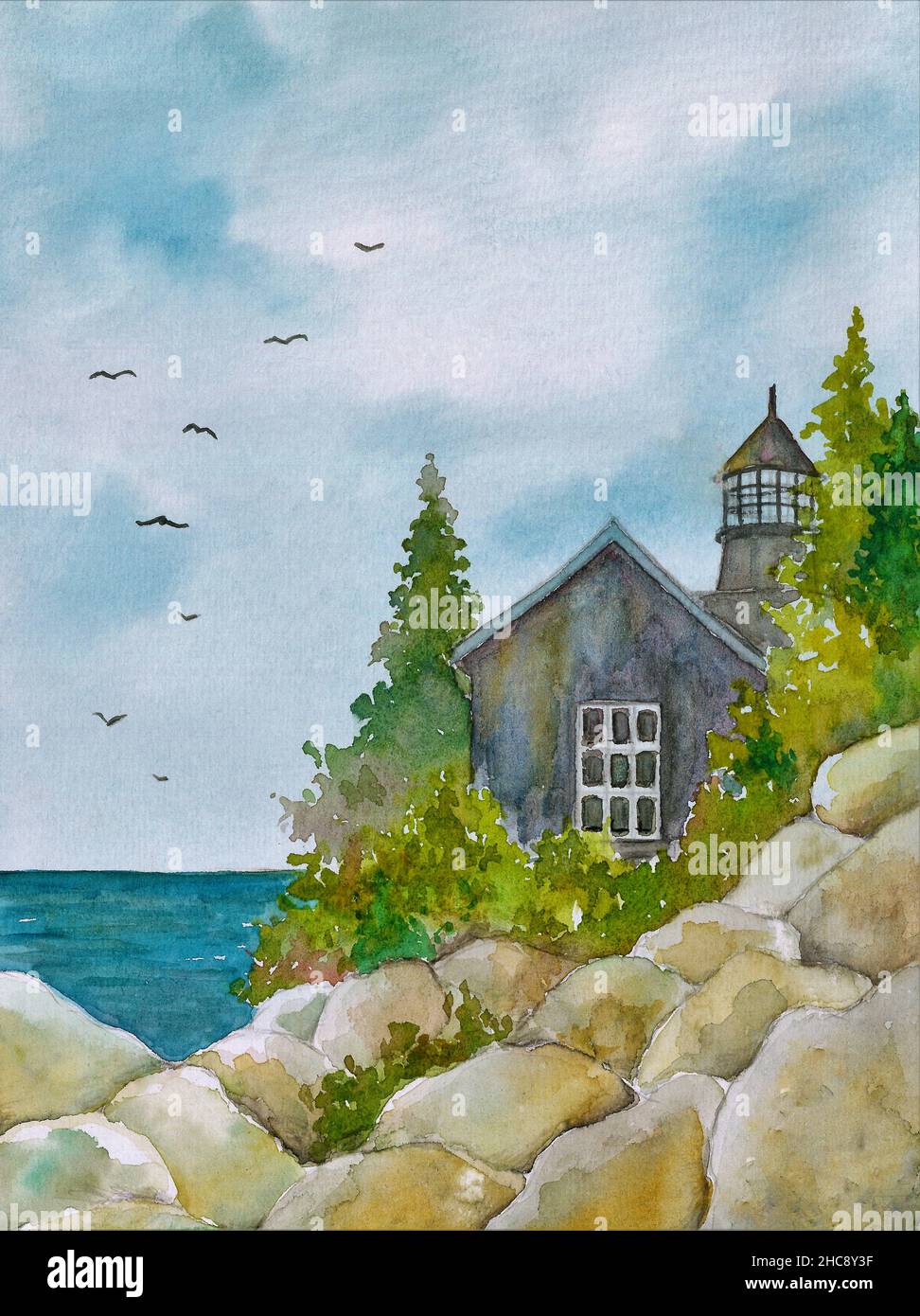 Watercolor painting. A house on the cliffs, a lighthouse and trees ...