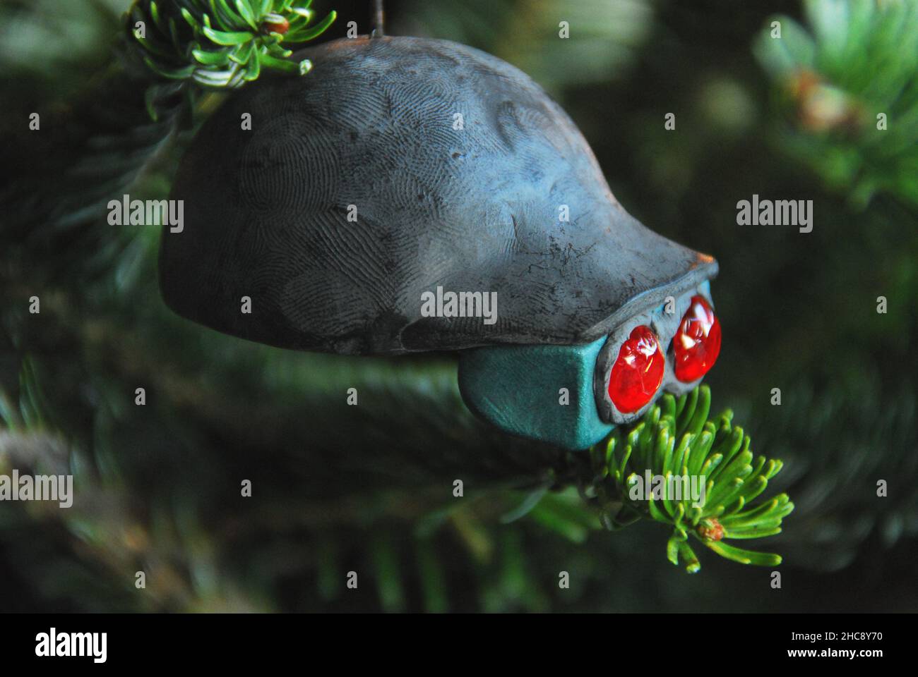 Close up of a home made Virtual Reality head gear ornament hanging on my Christmas tree.  Created during the early days of the industry. Stock Photo
