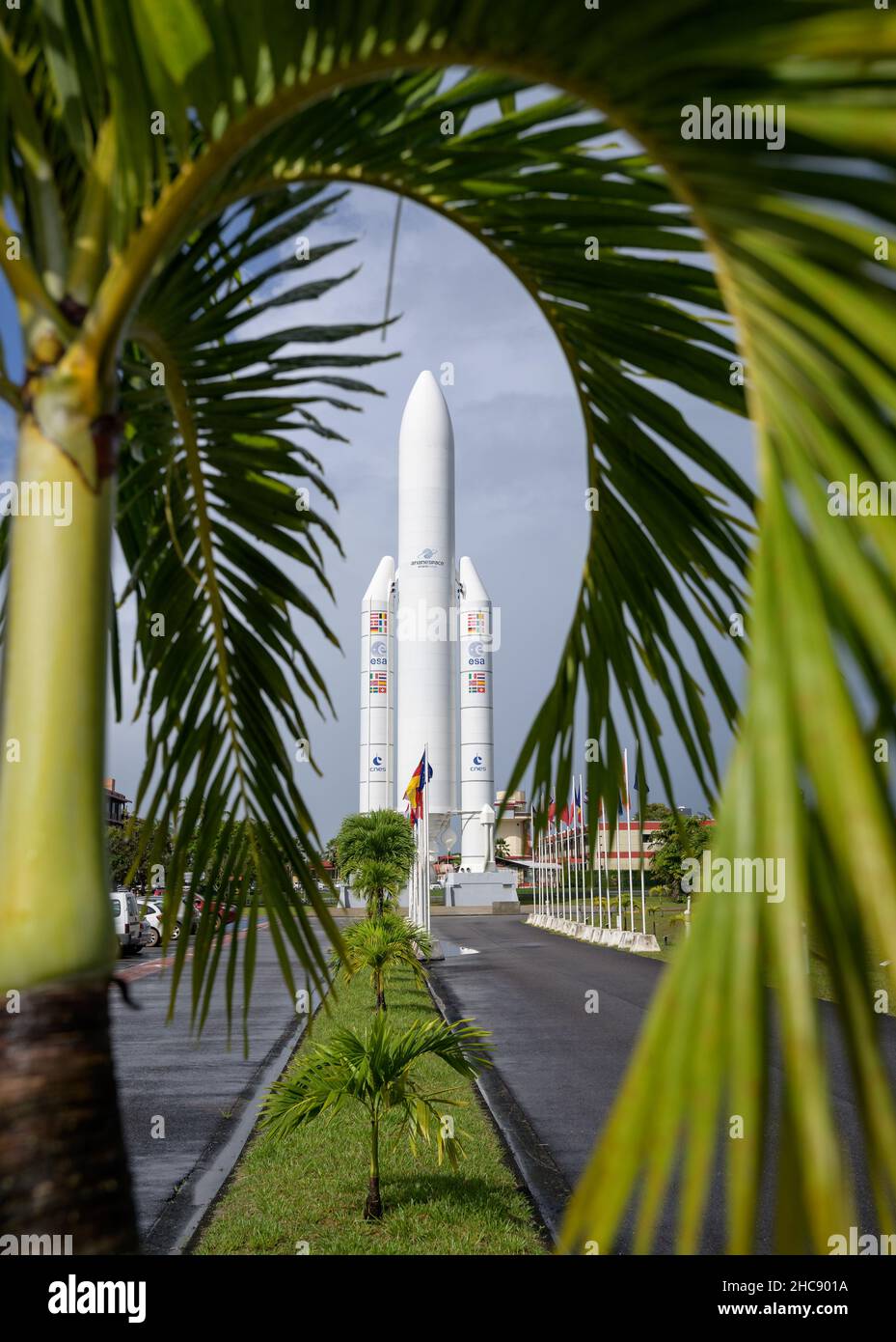 Kourou, French Guiana. 21 December, 2021. A mockup of the Arianespace Ariane 5 rocket marks the entrance at the Guiana Space Center, December 21, 2021 in Kourou, French Guiana.  Credit: Bill Ingalls/NASA/Alamy Live News Stock Photo