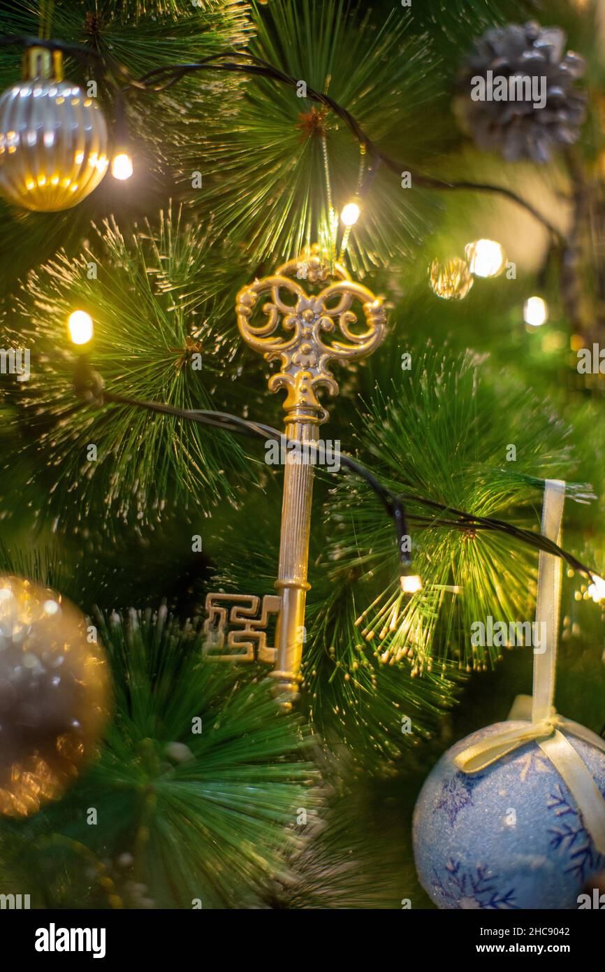 Christmas Tree Decoration with Bokeh Lights Sparkles Stock Photo - Alamy