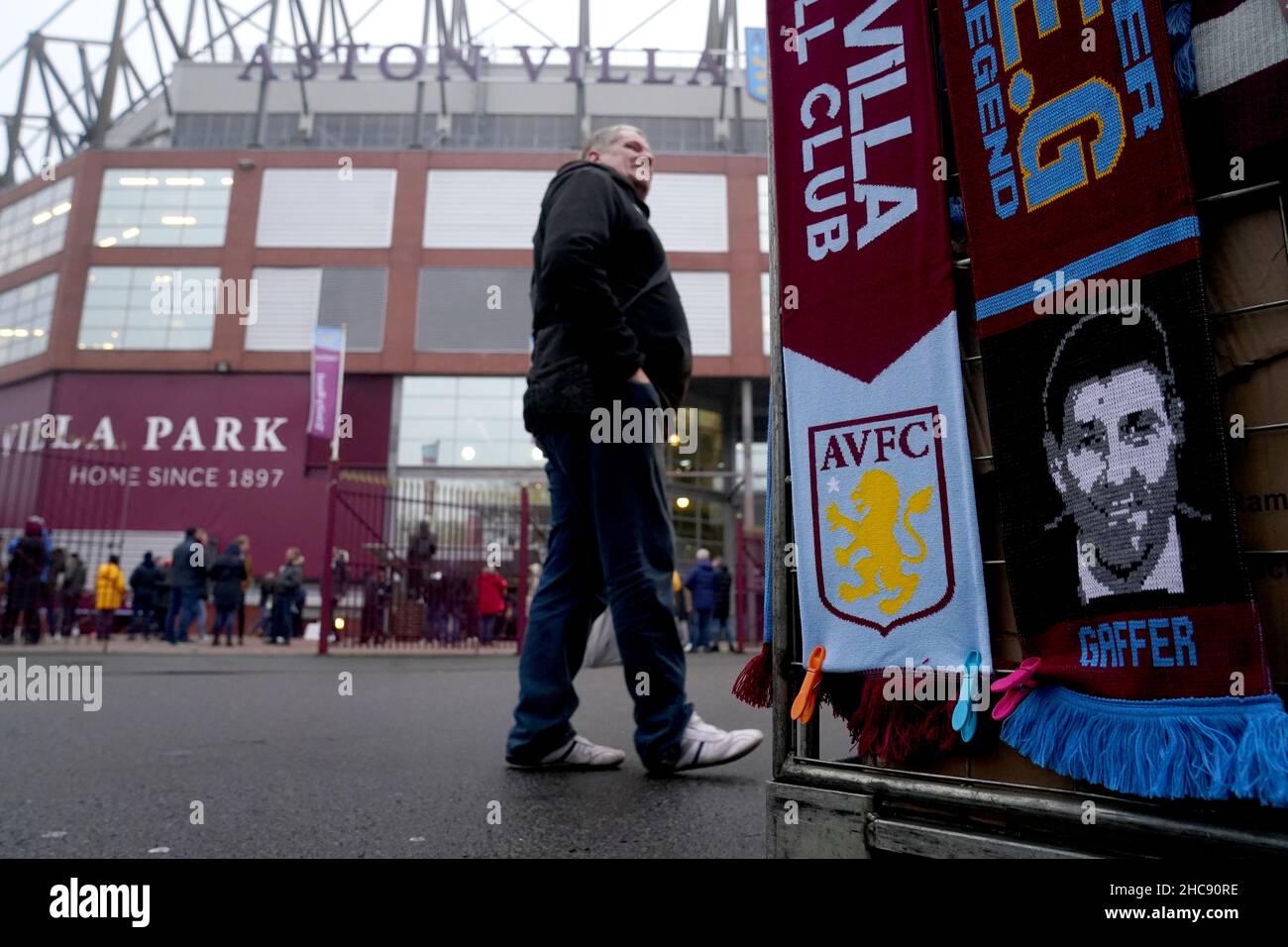 A scarf with the face of Aston Villa manager Steven Gerrard for sale outside of the grounds ahead of the Premier League match at Villa Park, Birmingham. Picture date: Sunday December 26, 2021. Stock Photo