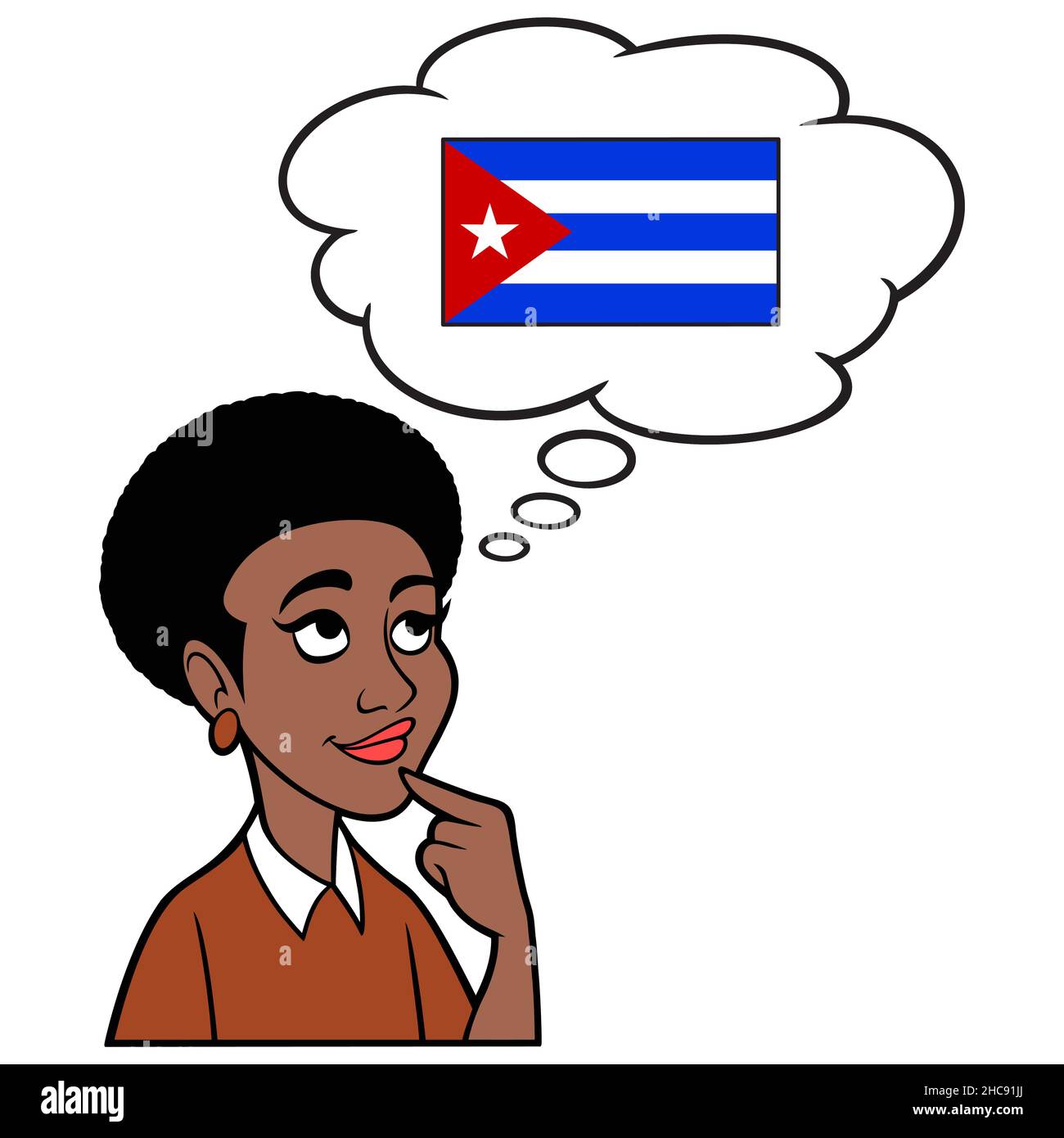 Black Woman thinking about Cuba - A cartoon illustration of a Black Woman thinking about a vacation trip to Cuba. Stock Vector