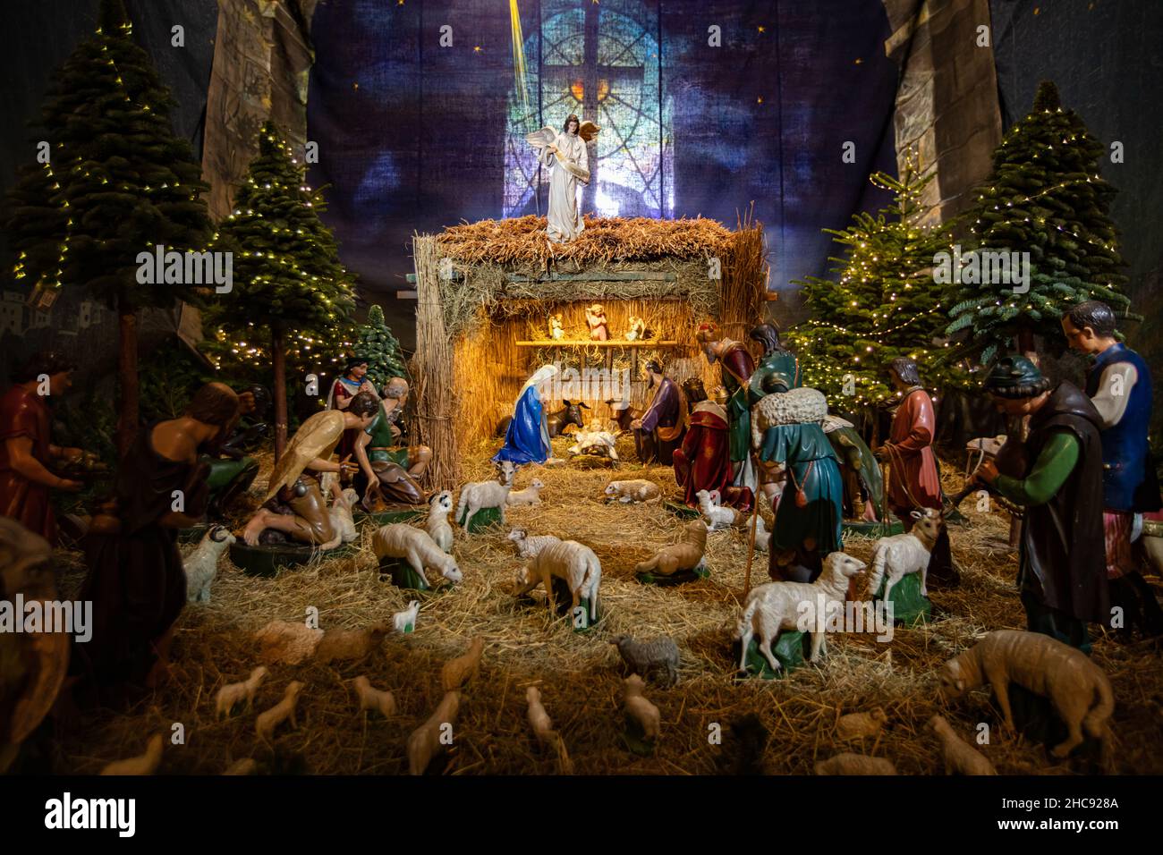 Nativity scene figures placed in church for christmas design Stock