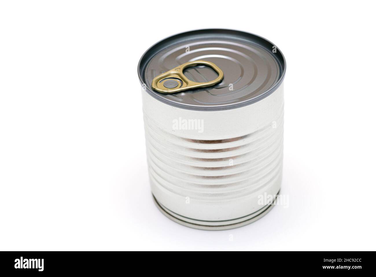 Unopened Tin Can with Blank Edge on White Background. Canned Food