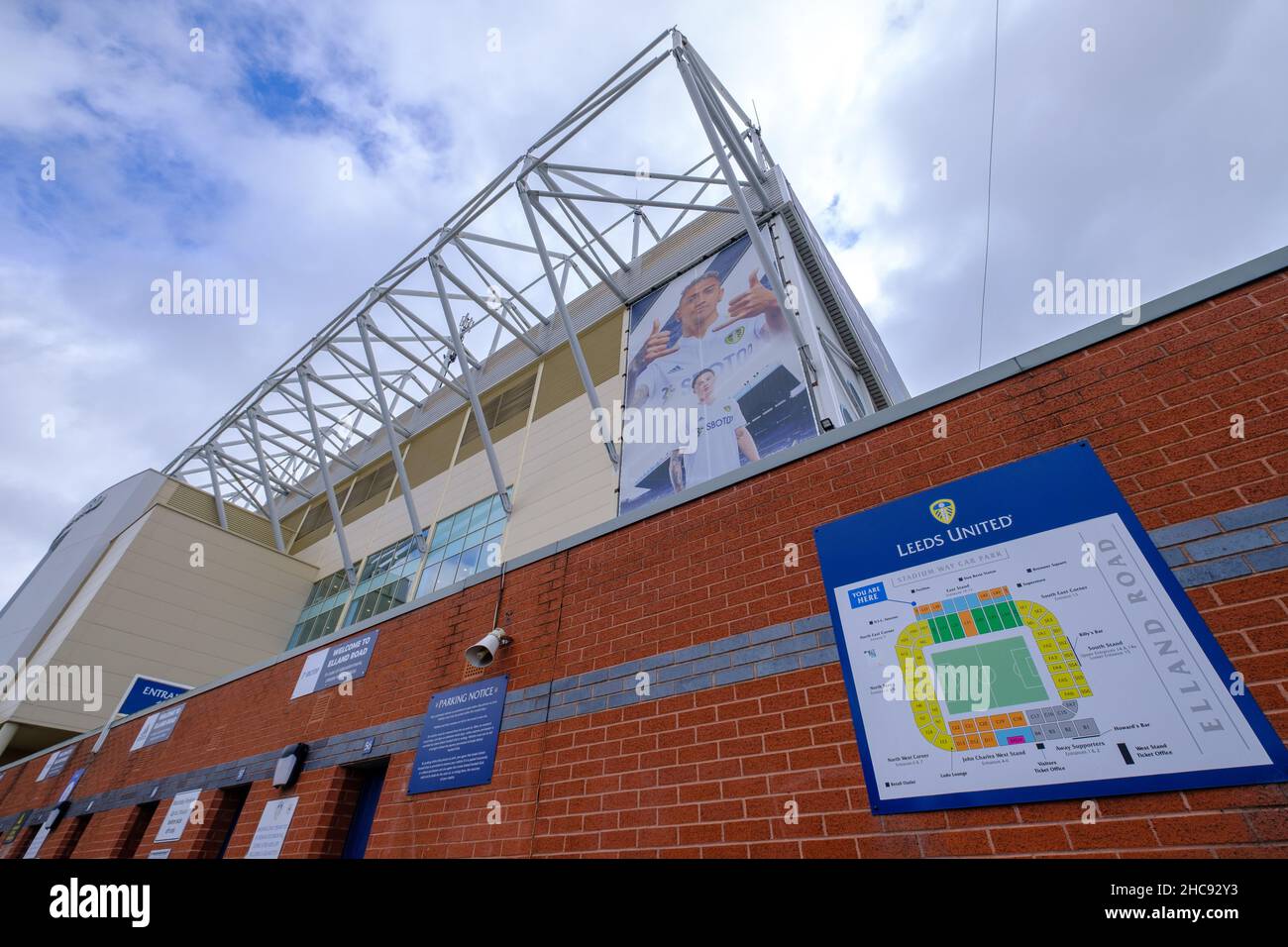 Leeds, United Kingdom - August 17, 2021: Exterior view of  Elland Road football stadium showing a plan of the stands in Leeds, England Stock Photo