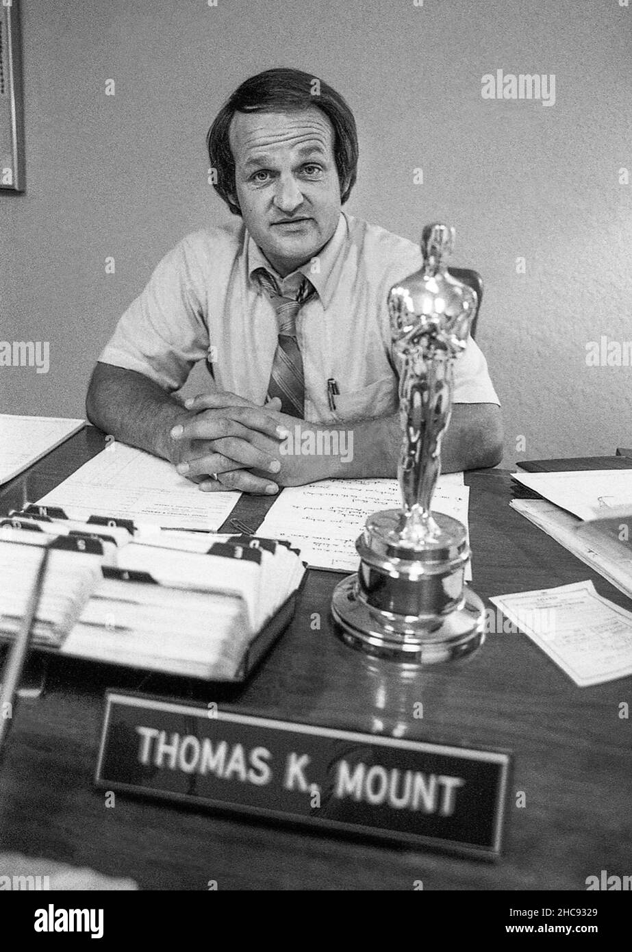 Thomas K Mount director of the company that makes the Oscar statuettes at the famous film award Stock Photo