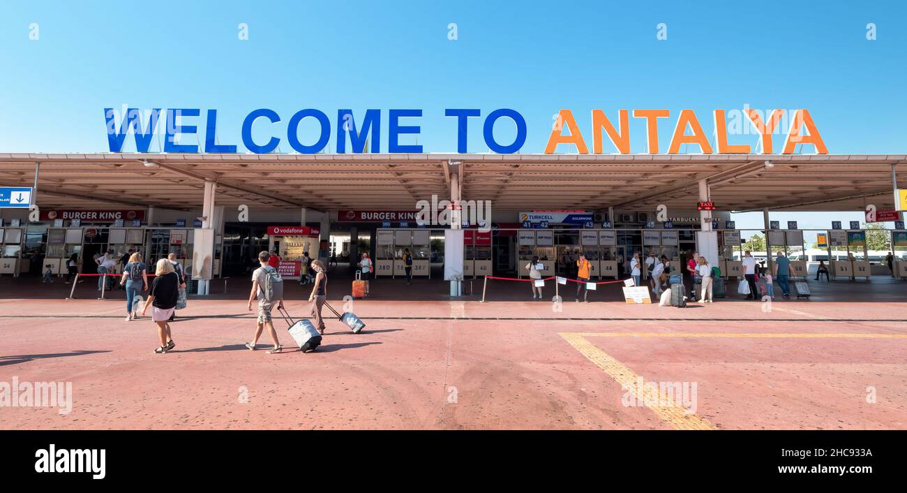 24 August 2021, Antalya, Turkey: Welcome to Antalya sign near the entrance of International Airport Terminal Stock Photo