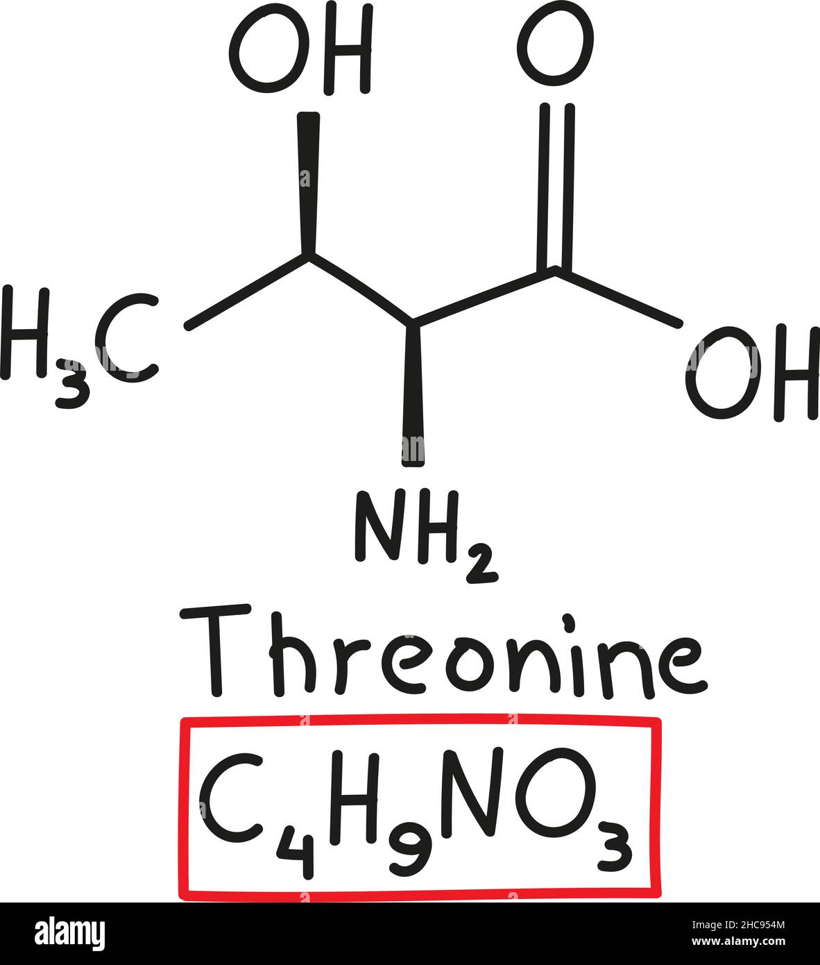 Hand drawn chemical molecular formula of amino acid Threonine in doodle